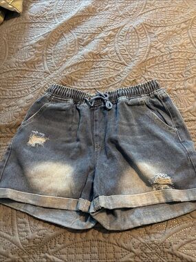 High-Waist Washed Denim Drawstring Shorts - Blue